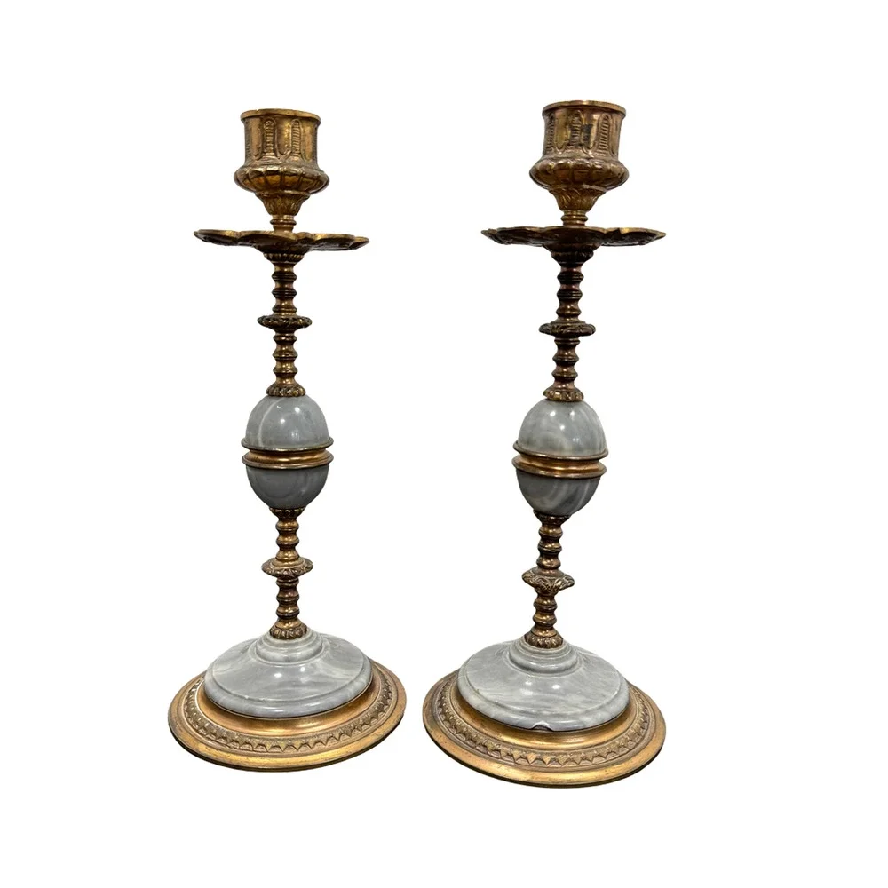 Antique Pair of 19th Century French Napoleon III Grey Marble Bronze Candlesticks